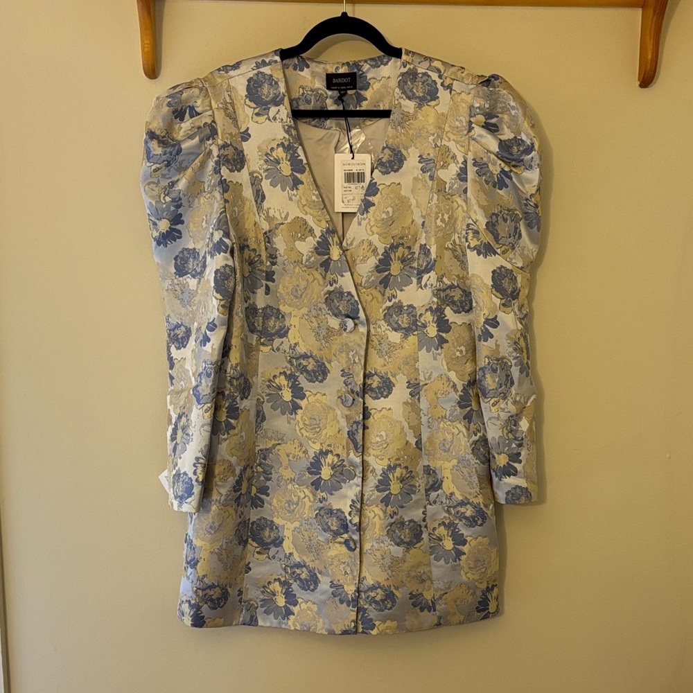 Bardot Floral Long Sleeve Dress - Blue and Cream